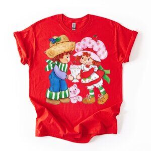 80s Cartoon Strawberry Shortcake & Huckleberry Pie Women's Graphic T-Shirt Red